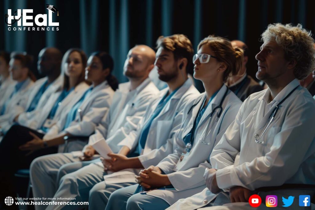 Healthcare industry leaders and professionals collaborating at an event to discuss innovations and future advancements in global health.